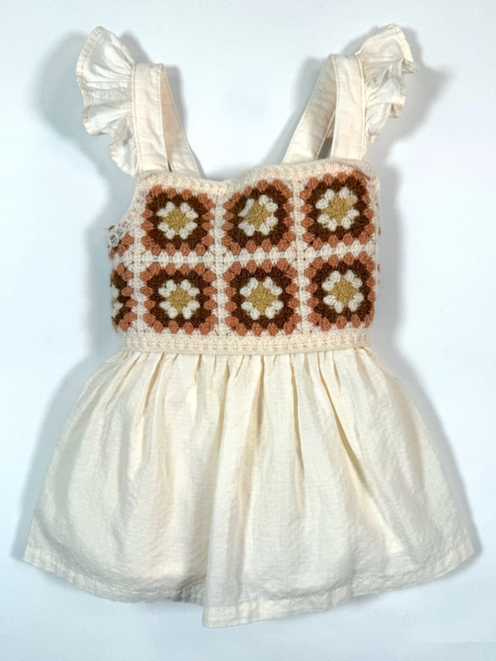 HAUTE HIPPIE Girls Boho Crochet Dress Cream 12M Cottagecore Granny Squares Retro